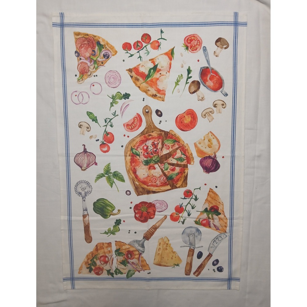 Sur la Table Pizza Watercolor Print Cotton Kitchen Dish Towel White Blue 20x30